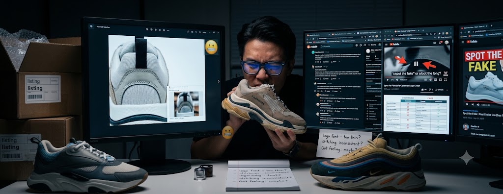 Manual sneaker inspection — squinting at photos, checking forums, gut feeling